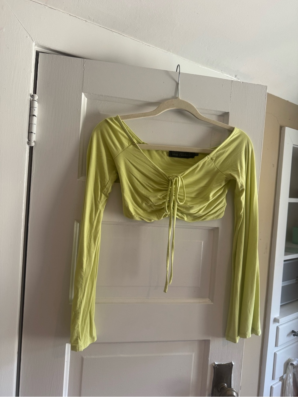 House of Harlow 1960 Lime Green Ruched Tie-Front Long Sleeve Crop Top